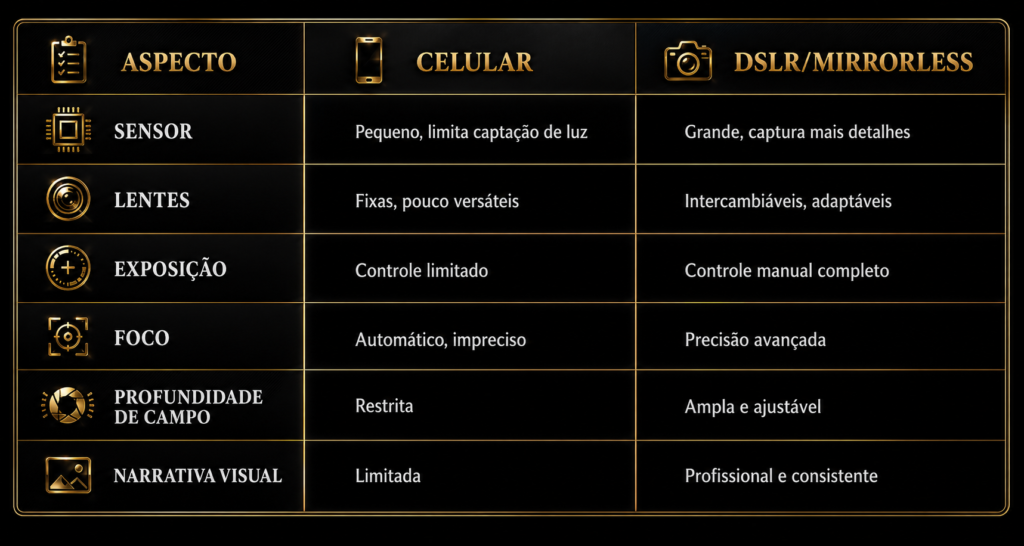 Fotografia Mobile vs. Fotografia Profissional - tabela comparativa