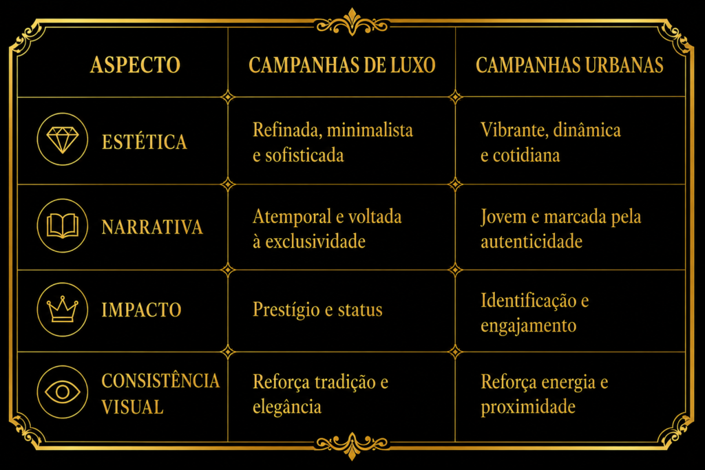 Consistência Visual na Moda: Como Fortalecer sua Marca - tabela comparativa entre campanhas de luxo e campanhas urbanas